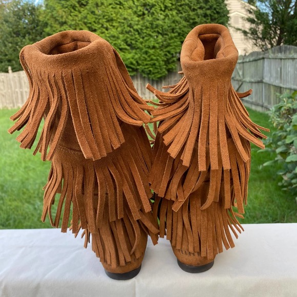 Minnetonka 3 layer fringe Suede Brown Pull On Boots Women's Size 7 1632 - Picture 11 of 15
